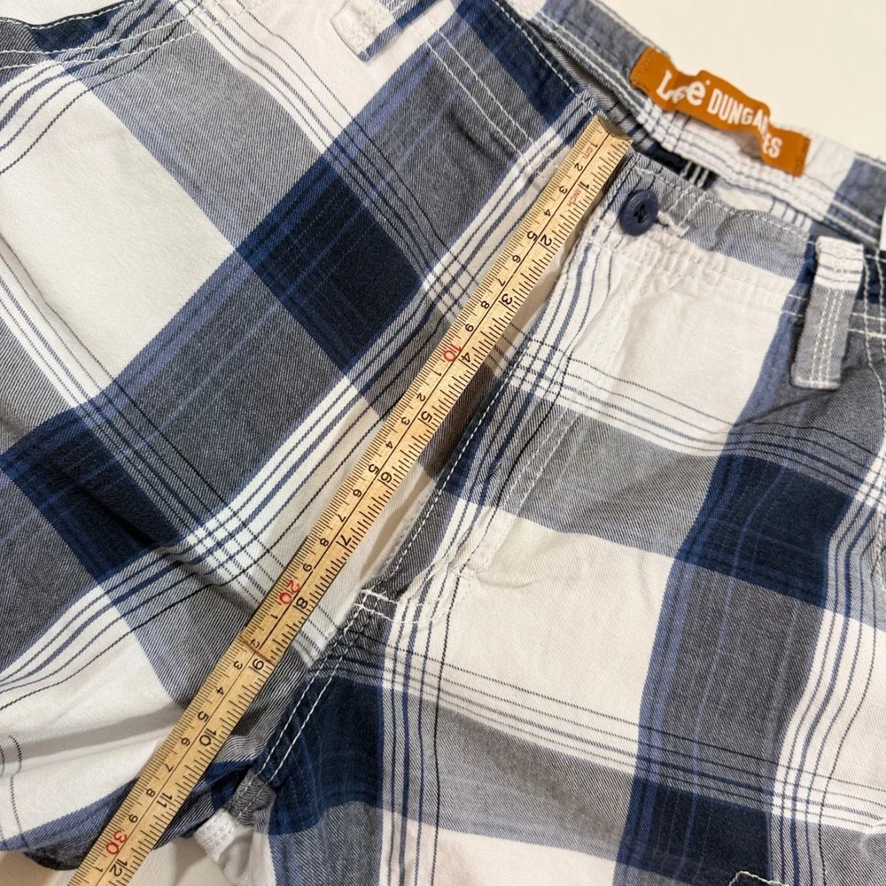 Lee Dungarees Cargo Shorts Mens 33 Blue White Plaid Good Cotton Utility Pocket